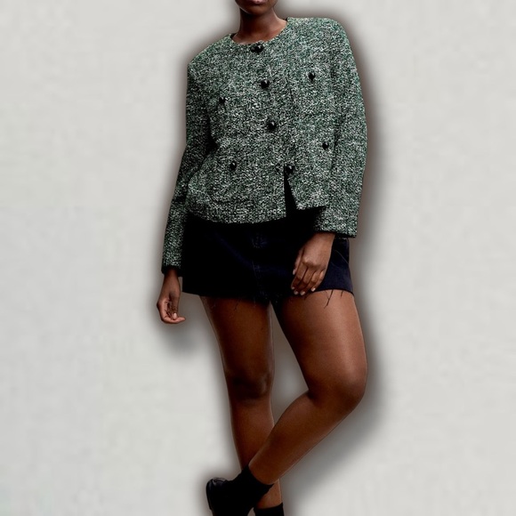 NWOT Mango Tweed Jacket with Buttons in Green & Black Women’s Plus Size 2XL - Picture 1 of 16